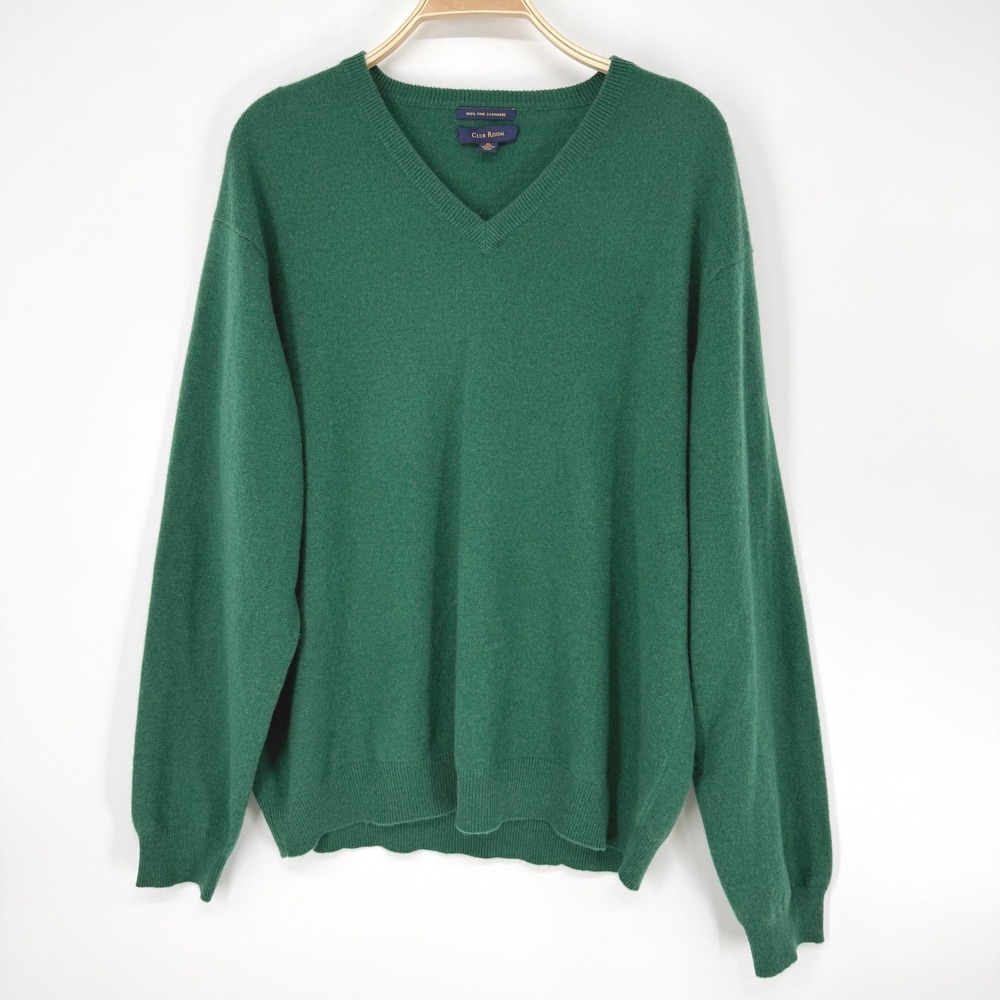 Club Room V-Neck Sweater Mens XL Green Good 100% Fine Cashmere Long Sleeve